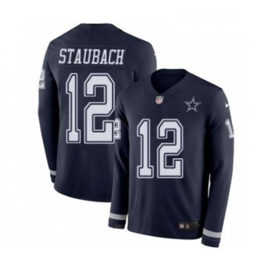 Mens Nike Dallas CoWboys 12 Roger Staubach Limited Navy Blue Therma Long Sleeve NFL Jersey