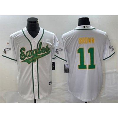 Men Philadelphia Eagles 11 A  J  Brown White Gold Cool Base Stitched Baseball Jersey