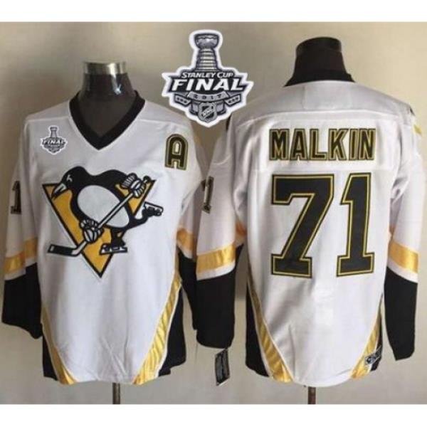 Penguins #71 Evgeni Malkin White CCM Throwback 2017 Stanley Cup Final Patch Stitched NHL Jersey