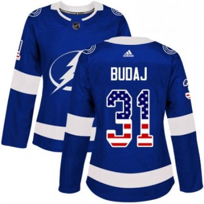 Womens Adidas Tampa Bay Lightning 31 Peter Budaj Authentic Blue USA Flag Fashion NHL Jersey