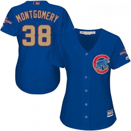 Womens Majestic Chicago Cubs 38 Mike Montgomery Authentic Royal Blue 2017 Gold Champion MLB Jersey