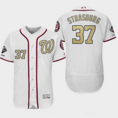 Men Washington Nationals 37 Stephen Strasburg White Gold Program 2019 World Series Champions Flex Base Jersey