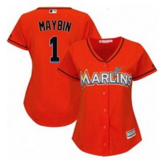 Womens Majestic Miami Marlins 1 Cameron Maybin Replica Orange Alternate 1 Cool Base MLB Jersey