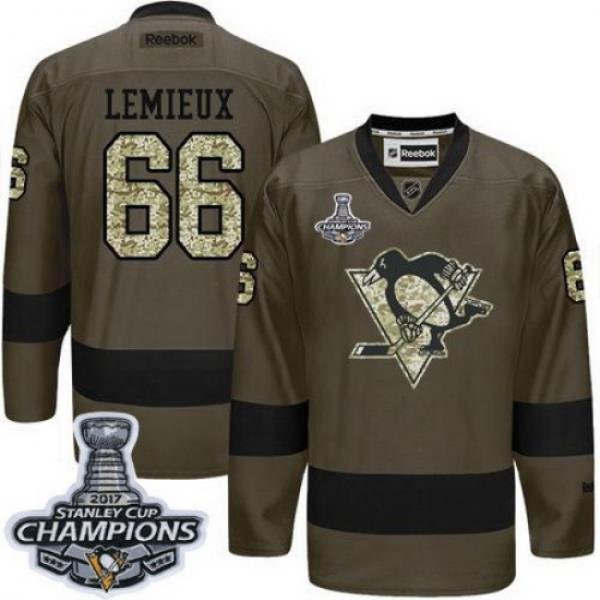 Penguins #66 Mario Lemieux Green Salute to Service 2017 Stanley Cup Finals Champions Stitched NHL Jersey