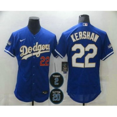 Men Los Angeles Dodgers 22 Clayton KershaW Blue Gold 2 20 Patch Stitched MLB Flex Base Nike Jersey