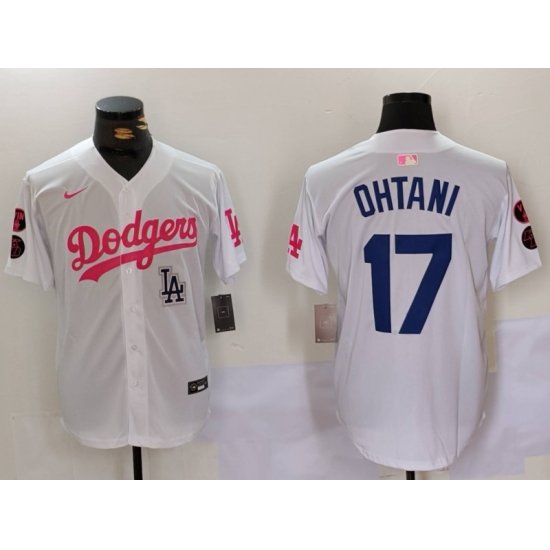 Men Los Angeles Dodgers 17 Shohei Ohtani White Pink Vin  26 Kobe Patch Stitched Baseball Jersey 3