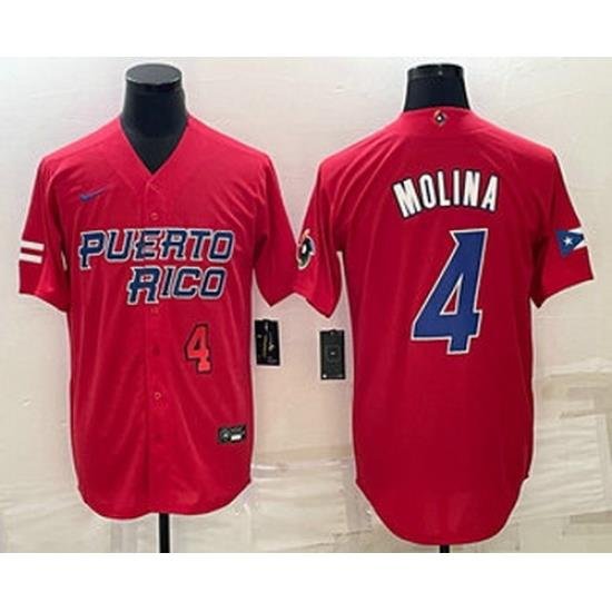 Men's Puerto Rico Baseball #4 Yadier Molina Number 2023 Red World Baseball Classic Stitched Jerseys