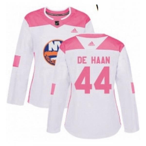 Womens Adidas New York Islanders 44 Calvin de Haan Authentic WhitePink Fashion NHL Jersey