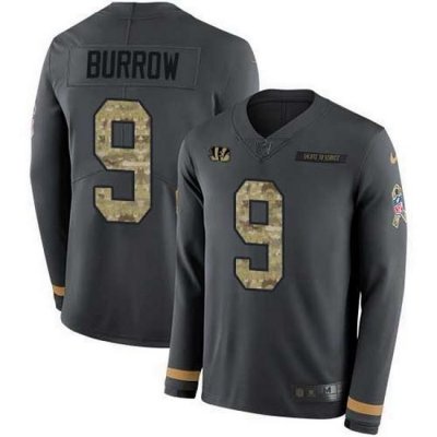 Nike Bengals 9 Joe Burrow Anthracite Salute to Service Men Stitched NFL Limited Therma Long Sleeve Jersey