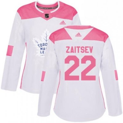 Womens Adidas Toronto Maple Leafs 22 Nikita Zaitsev Authentic WhitePink Fashion NHL Jersey