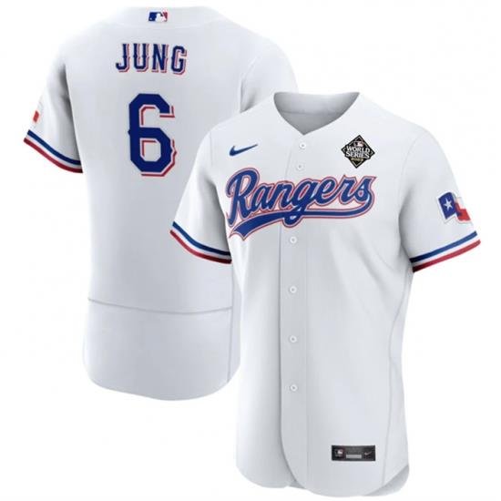 Men Texas Rangers 6 Josh Jung White 2023 World Series Flex Base Stitched Baseball Jersey