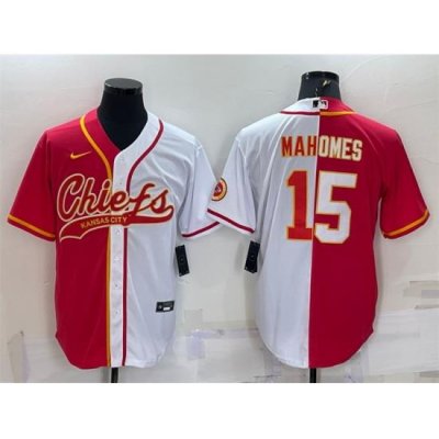 Men Kansas City Chiefs 15 Patrick Mahomes Red White Split With Patch Cool Base Stitched Baseball Jersey