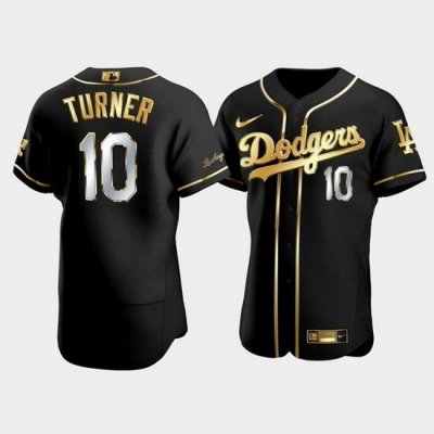 Men Los Angeles Dodgers 10 Justin Turner Black Gold Flex Base Stitched Baseball Jerse