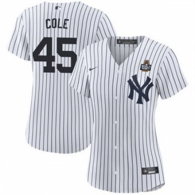 Women New York Yankees 45 Gerrit Cole White 2024 World Series With Name Cool Base Stitched Baseball Jersey