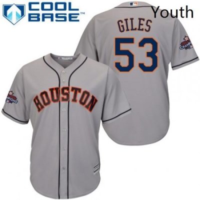 Youth Majestic Houston Astros 53 Ken Giles Replica Grey Road 2017 World Series Champions Cool Base MLB Jersey