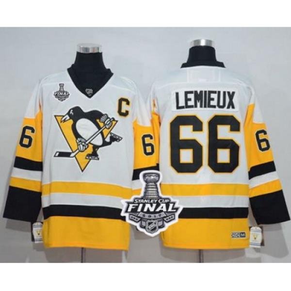 Penguins #66 Mario Lemieux White New Away 2017 Stanley Cup Final Patch Stitched NHL Jersey