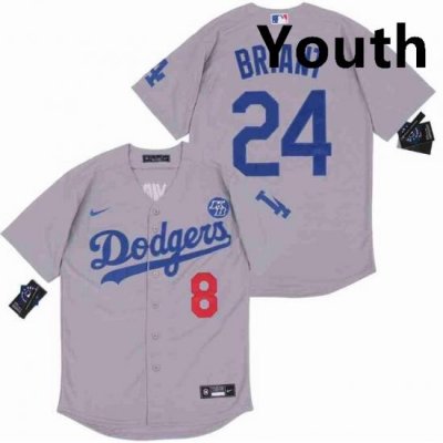 Youth Dodgers Front 8 Back 24 Kobe Bryant Grey Cool Base Stitched MLB Jersey