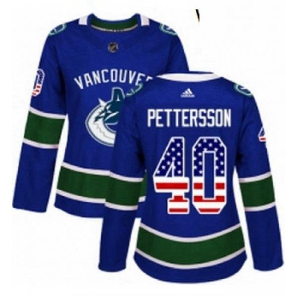 Womens Adidas Vancouver Canucks 40 Elias Pettersson Blue Home Authentic USA Flag Stitched NHL Jersey