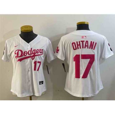 Women Los Angeles Dodgers 17 Shohei Ohtani White Pink Vin  26 Kobe Patch Limited Stitched Baseball Jersey