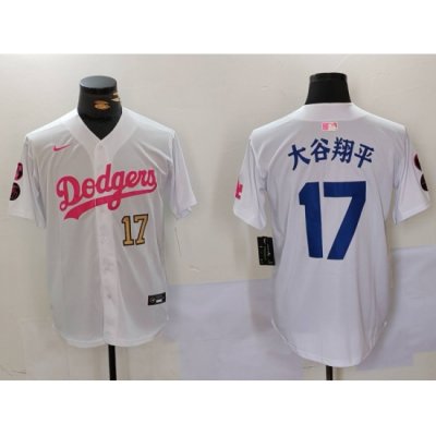 Men Los Angeles Dodgers 17  Shohei Ohtani White Pink Vin  26 Kobe Patch Stitched Baseball Jersey  9