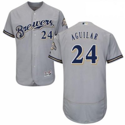 Mens Majestic MilWaukee BreWers 24 Jesus Aguilar Grey Road Flex Base Authentic Collection MLB Jersey