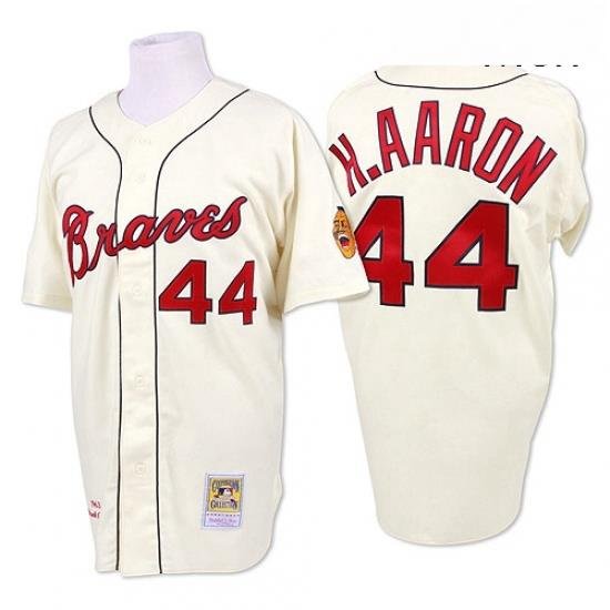 Mens Mitchell and Ness 1963 Atlanta Braves 44 Hank Aaron Authentic Cream Throwback MLB Jersey