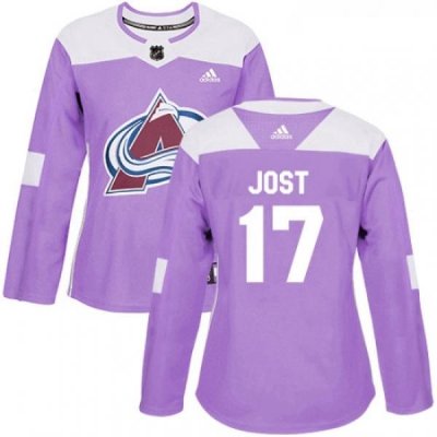 Womens Adidas Colorado Avalanche 17 Tyson Jost Authentic Purple Fights Cancer Practice NHL Jersey