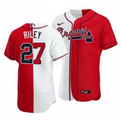 Men Atlanta Braves 27 Austin Riley Split White Red TWo Tone Jersey