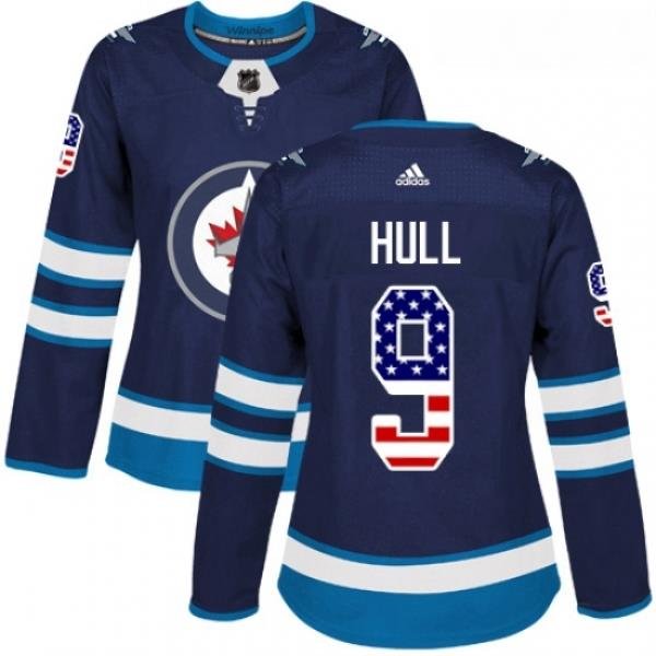 Womens Adidas Winnipeg Jets 9 Bobby Hull Authentic Navy Blue USA Flag Fashion NHL Jersey