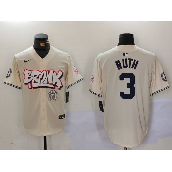 Men New York Yankees 3 Babe Ruth Cream The Bronx Graffiti V2 Vapor Limited Stitched Baseball Jersey 5