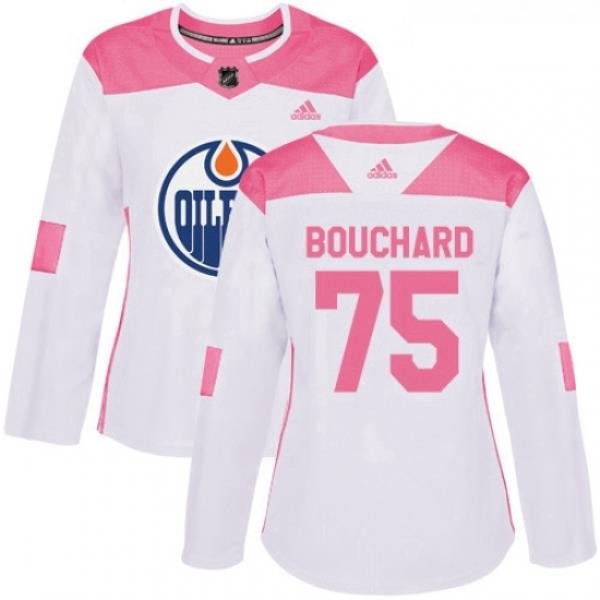 Womens Adidas Edmonton Oilers 75 Evan Bouchard Authentic White Pink Fashion NHL Jersey