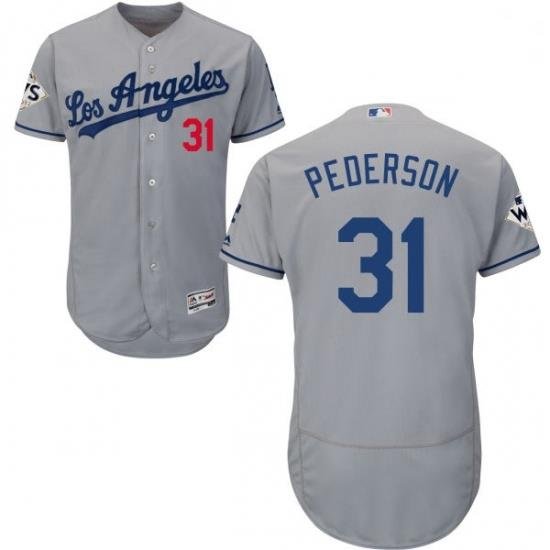 Mens Majestic Los Angeles Dodgers 31 Joc Pederson Authentic Grey Road 2017 World Series Bound Flex Base Jersey