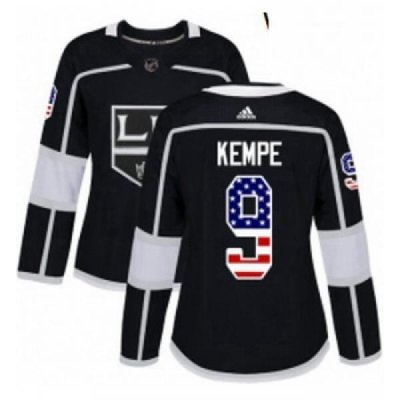 Womens Adidas Los Angeles Kings 9 Adrian Kempe Authentic Black USA Flag Fashion NHL Jersey