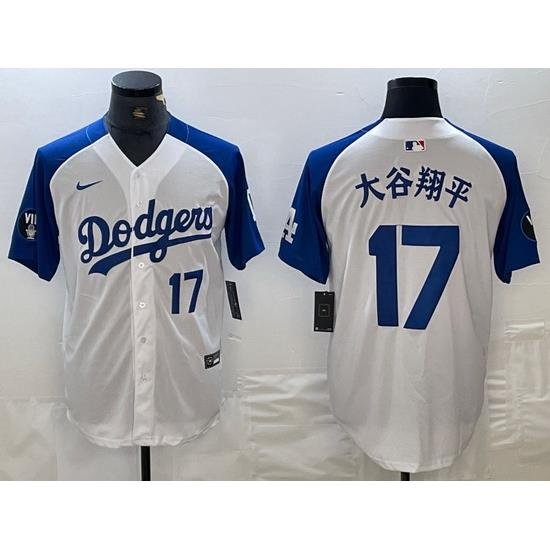 Men Los Angeles Dodgers 17 Shohei Ohtani White Blue Vin Patch Cool Base Stitched Baseball Jersey