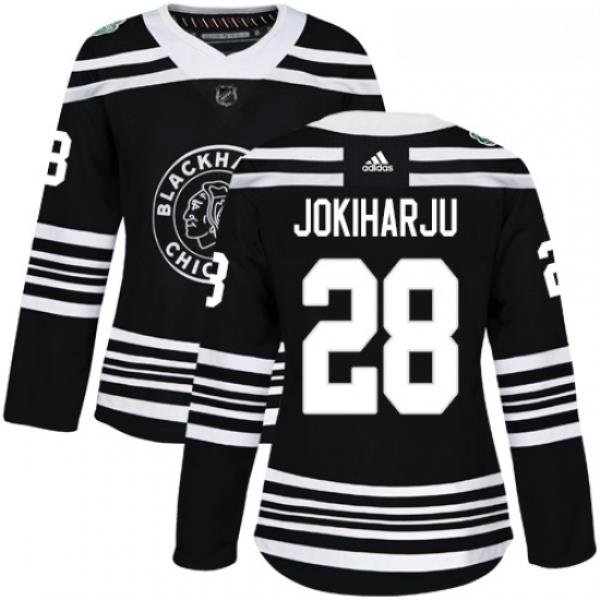 Womens Adidas Chicago Blackhawks 28 Henri Jokiharju Authentic Black 2019 Winter Classic NHL Jersey