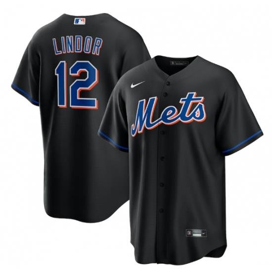 Men NeW York Mets 12 Francisco Lindor 2022 Black Cool Base Stitched Baseball Jersey