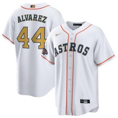 Men Houston Astros 44 Yordan Alvarez White 2023 Gold Collection With World Serise Champions Patch Cool Base Stitched Baseball Jersey