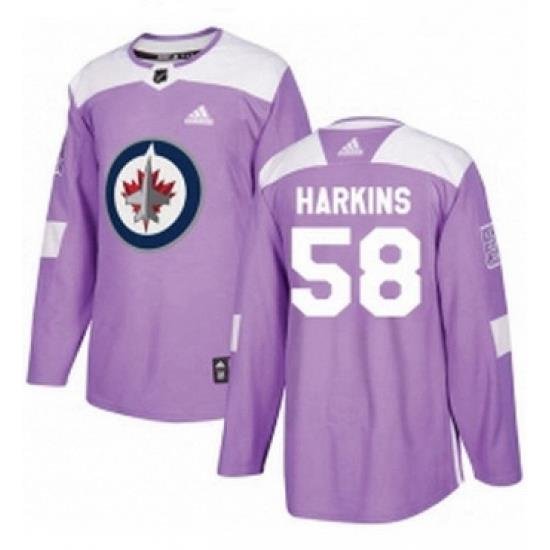 Mens Adidas Winnipeg Jets 58 Jansen Harkins Authentic Purple Fights Cancer Practice NHL Jersey