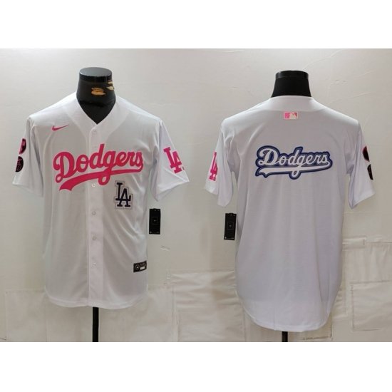 Men Los Angeles Dodgers Team Big Logo White Pink Vin  26 Kobe Patch Stitched Baseball Jersey 0