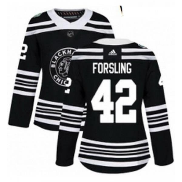 Womens Adidas Chicago Blackhawks 42 Gustav Forsling Authentic Black 2019 Winter Classic NHL Jersey