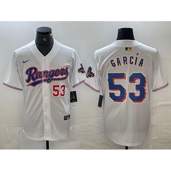 Men Texas Rangers 53 Adolis Garcia Number White 2023 World Series Champions Cool Base Jersey