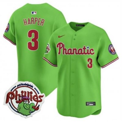 Men Philadelphia Phillies 3 Bryce Harper Green With Patch Stitched Jersey