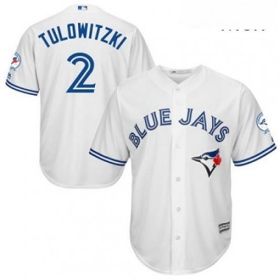 Mens Majestic Toronto Blue Jays 2 Troy Tulowitzki Replica White Home 40th Anniversary Patch MLB Jersey