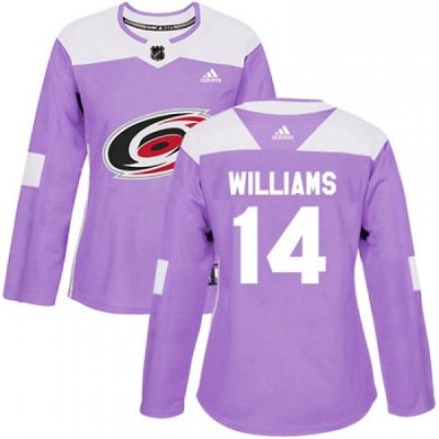 Womens Adidas Carolina Hurricanes 14 Justin Williams Authentic Purple Fights Cancer Practice NHL Jersey