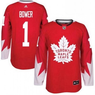 Mens Adidas Toronto Maple Leafs 1 Johnny Bower Authentic Red Alternate NHL Jersey