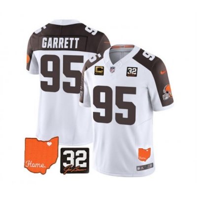 Men Cleveland Browns 95 Myles Garrett White Brown 2023 F U S E  With Jim Brown Memorial Patch And 4 Star C Patch Vapor Untouchable Limited Stitched Jersey