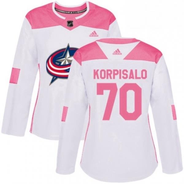 Womens Adidas Columbus Blue Jackets 70 Joonas Korpisalo Authentic WhitePink Fashion NHL Jersey