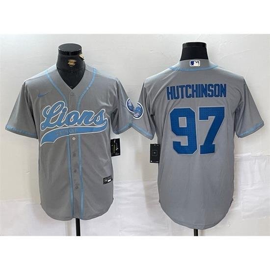 Men Detroit Lions 97 Aidan Hutchinson Grey Cool Base Stitched Baseball Jersey