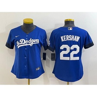 Women's Los Angeles Dodgers #22 Clayton KershaW Blue 2021 City Connect Cool Base Stitched Jersey