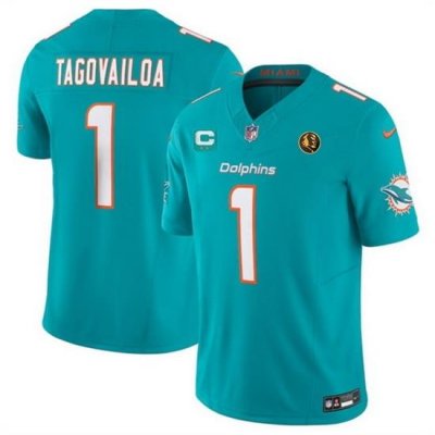 Men Miami Dolphins 1 Tua Tagovailoa Aqua 2023 F U S E  With 2 Star C Patch And John Madden Patch Vapor Limited Stitched Football Jersey